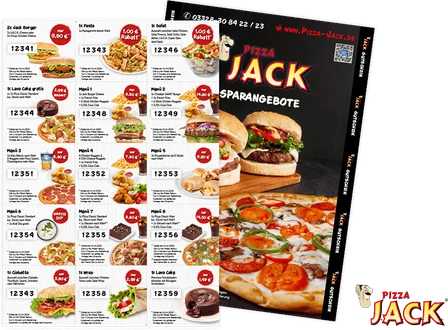 Gutscheinflyer von Pizza Jack mit Menünummern und Sparangeboten