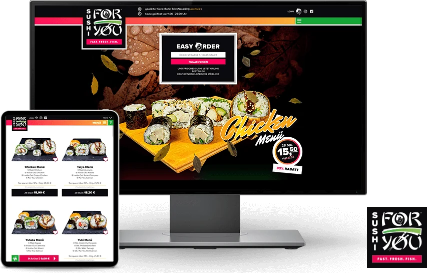 Webshop von Sushi For You auf einem Monitor und einem Tablet