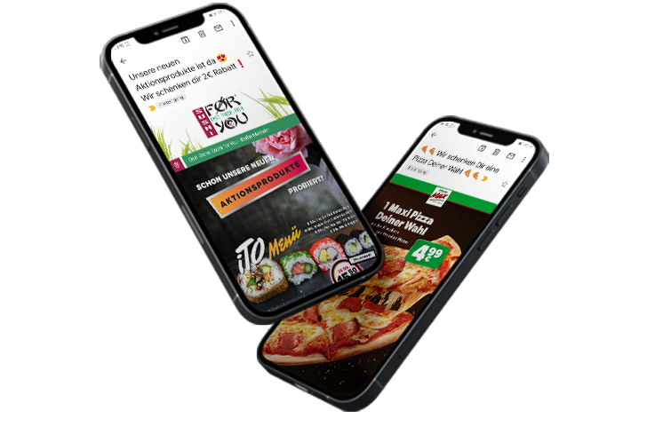 zwei schwebende Smartphones auf denen Newsletter zu sehen sind