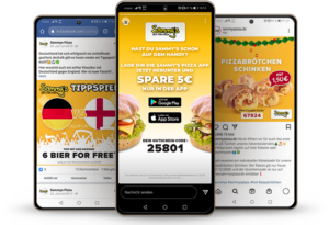 drei Handys auf denen verschiedene Werbekampagnen auf Facebook und Instagram zu sehen sind