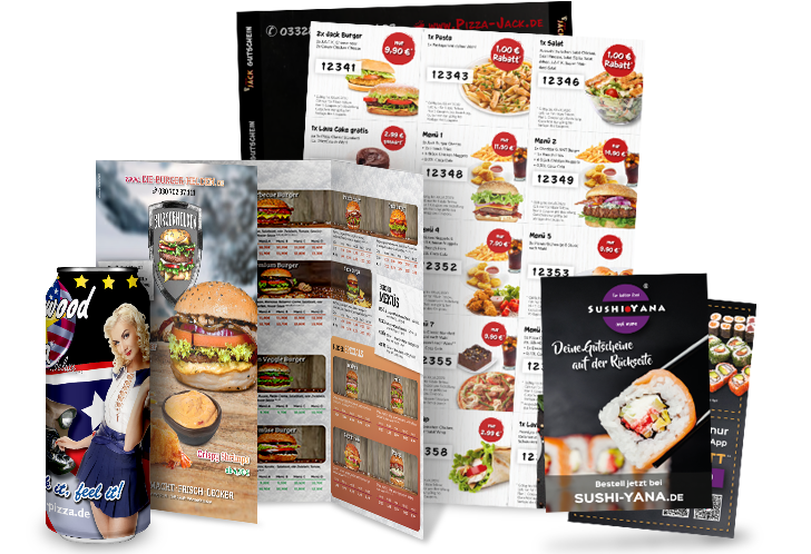 verschiedene Druckprodukte, wie Speisekarten, Flyer und Getränkedosen