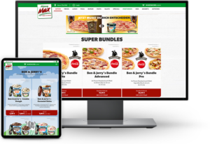 PC und Tablet mit verschiedenen Webshopansichten von Pizza und Ben & Jerrys Sortimenten