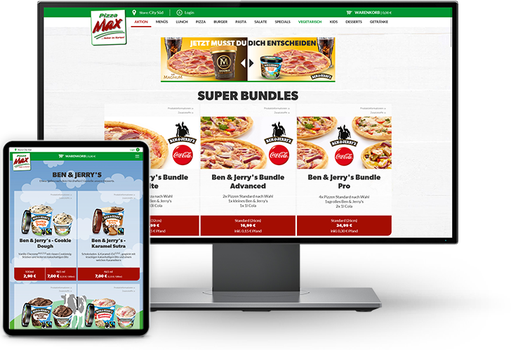 PC und Tablet mit verschiedenen Webshopansichten von Pizza und Ben & Jerrys Sortimenten